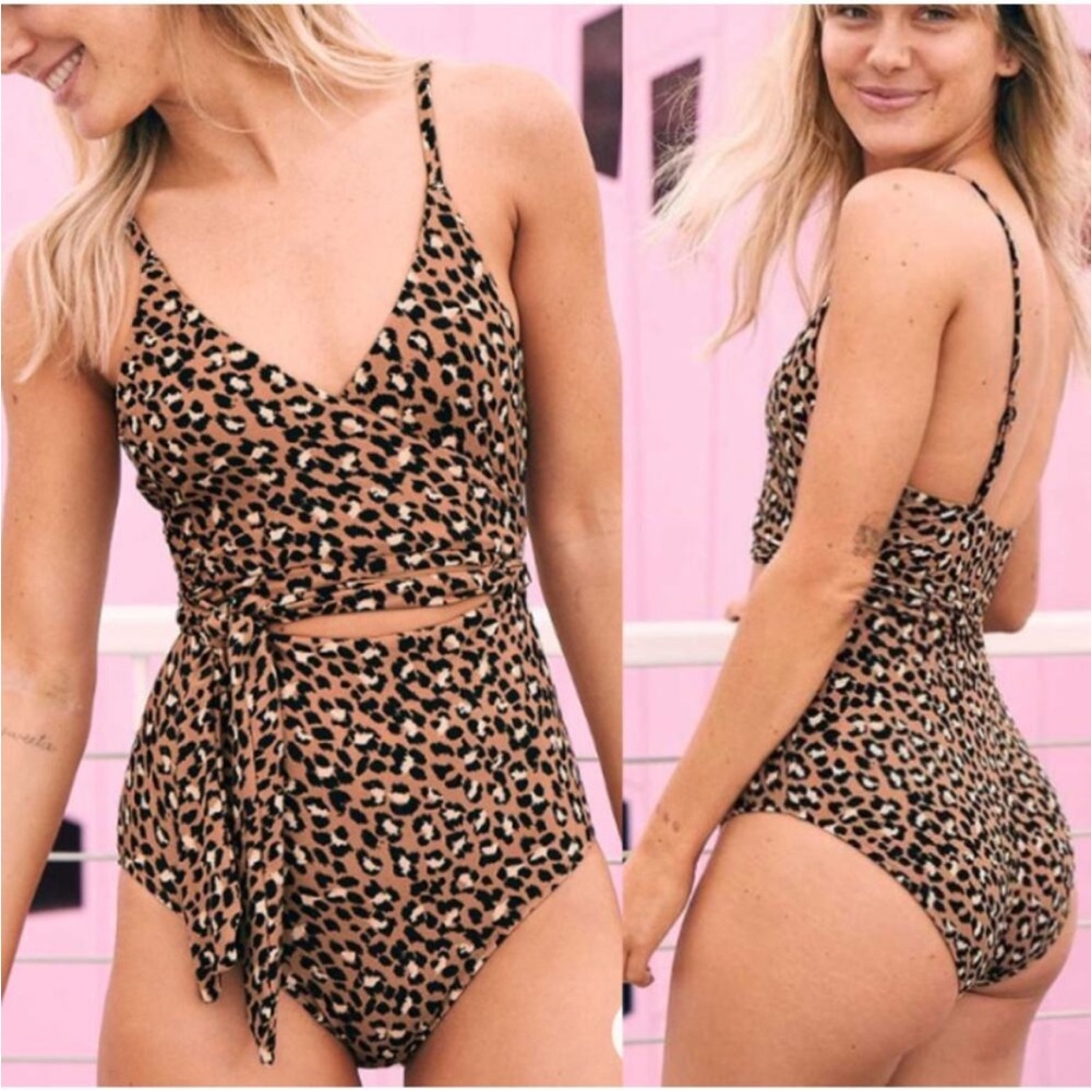 Aerie Womens Leopard Print Tie Wrap Full Coverage One Piece Swimsuit XL Long